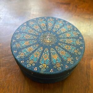 Little round tin with stained glass rose window vintage box with lid